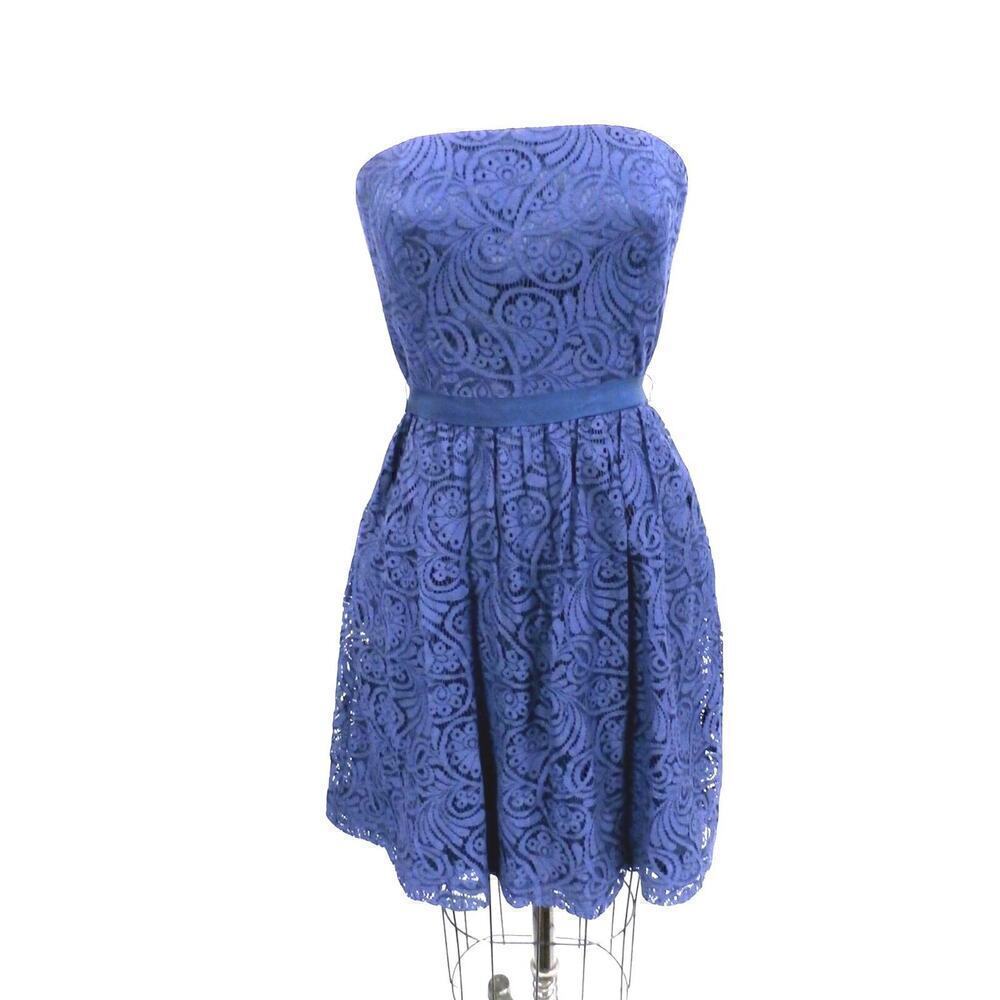 Trina Turk Mini Dress Sapphire Blue Lace Strapless Women`S Sz 4 Solid Prom